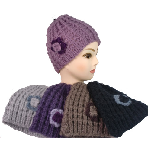 Chunky Knit Beanie Hat with Flower