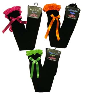 Black Over Knee Socks Neon Lace & Ribbon