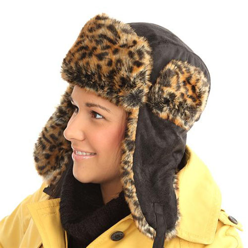 Ladies Trapper Hat with Leopard Print Fake Fur