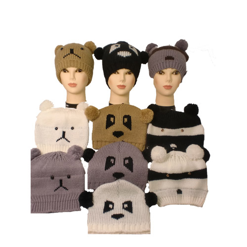 Knitted Animal Hat with Pom Poms