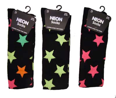 Neon Overknee Socks Black with Neon Stars