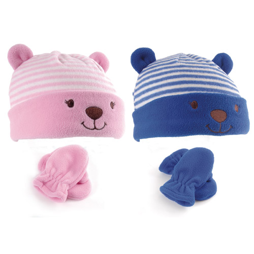 Babies Hat & Mitten Animal Fleece Set
