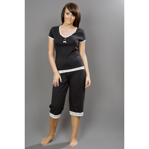 Ladies Crop Pyjamas with Lace Trim