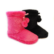 Ladies Plush Bootie Slippers with Pom Poms